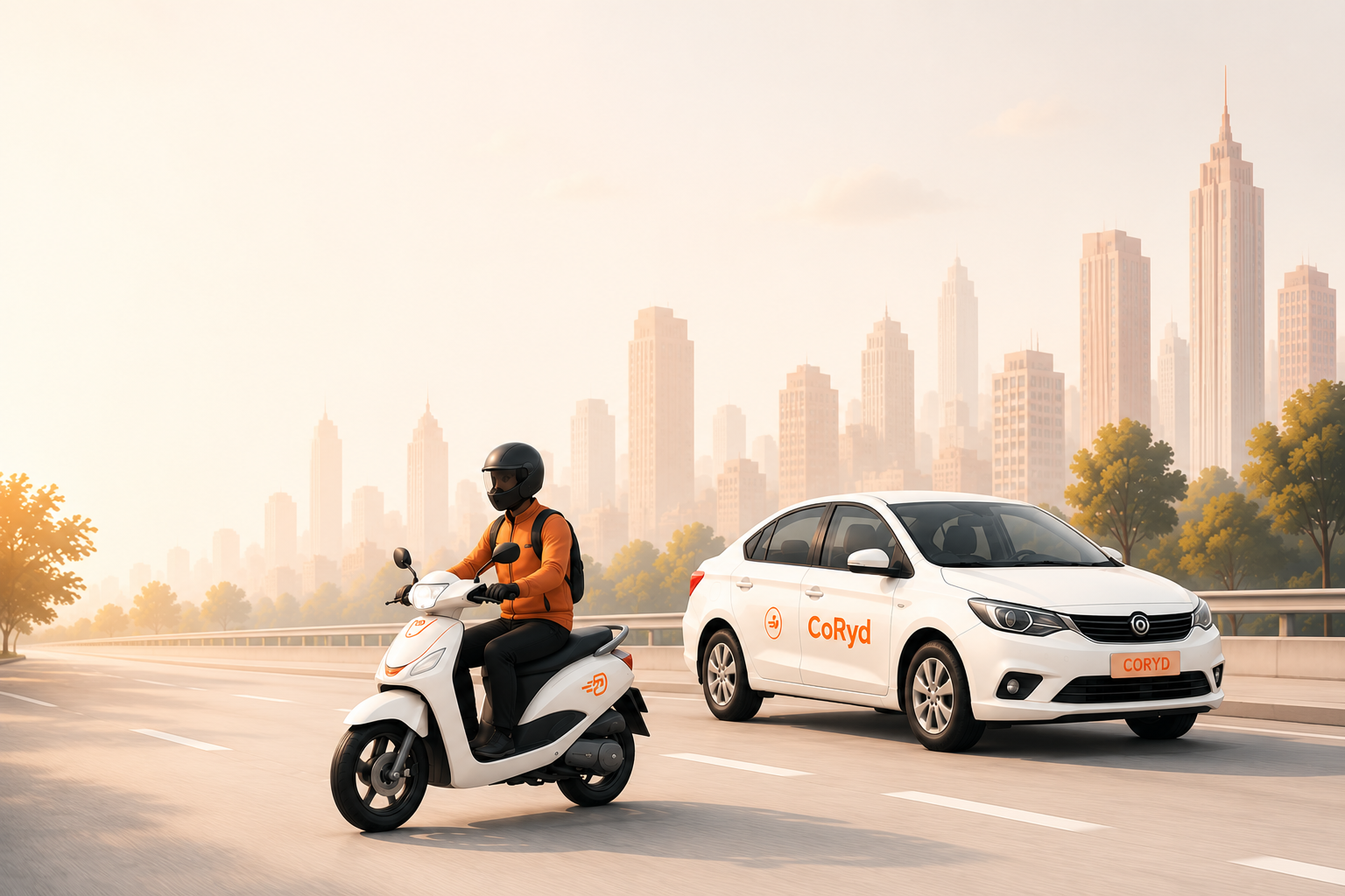 Corydz bike taxi and car on a city road